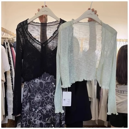French light sun protection knitted cardigan short high-waisted top women's summer thin coat hollow slightly see-through fungus edge