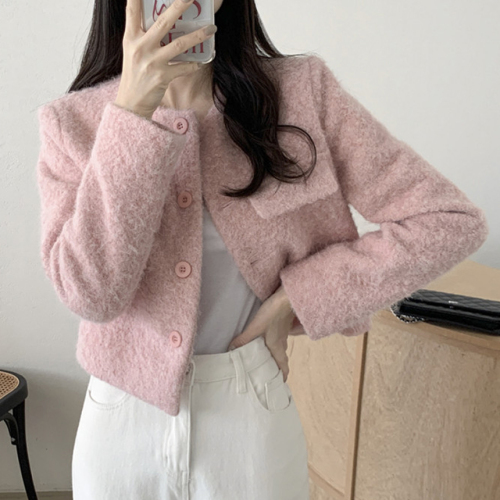 Korean chic spring sweet little fragrance round neck single-breasted loose and versatile solid color long-sleeved cardigan short coat for women