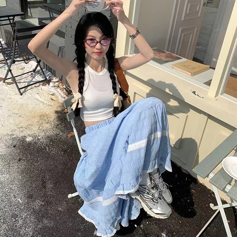 Forest style lace ruffled blue a-line skirt spring and summer 2024 super fairy vacation style long drape