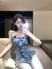 實拍 美式復古抹胸荷葉邊設計感緊身自帶胸墊辣妹上衣女