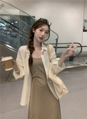 Actual photos~ Summer new slimming design strap dress + back slit sun protection shirt two-piece set