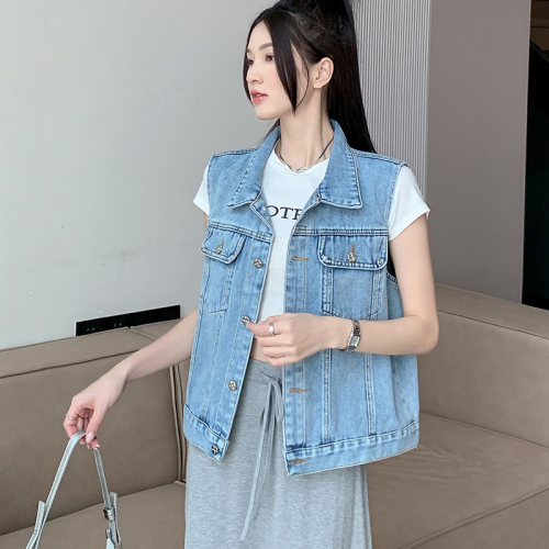 Real shot ~ Retro sleeveless vest denim vest versatile straight short denim vest jacket for women summer