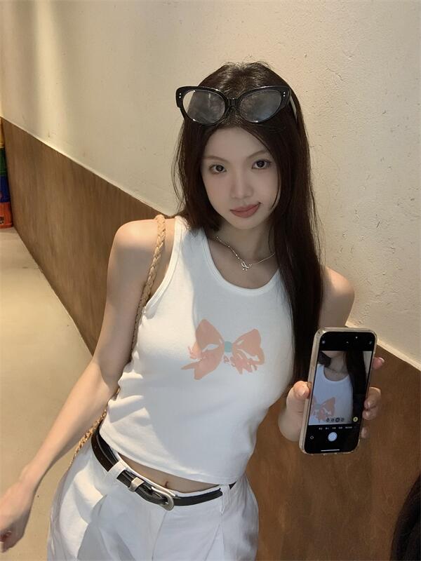 實拍~韓系鬼馬少女可愛蝴蝶結印花短款白色背心