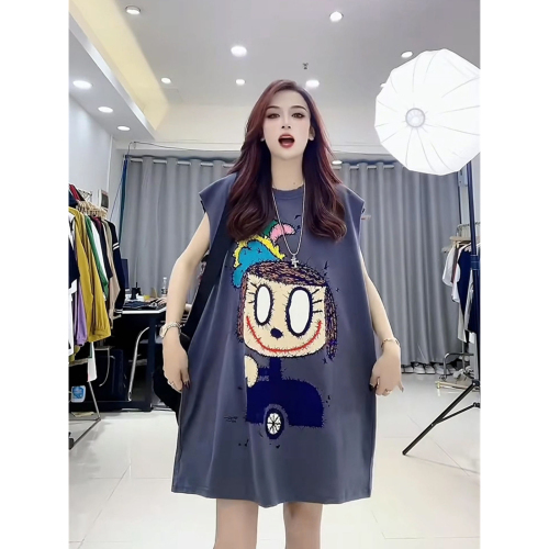 Pure cotton/back bag collar fashionable printed cartoon flying sleeves round neck mid-length T-shirt for women