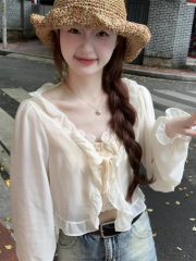 White chiffon outerwear with a small cardigan, summer women's new thin blouse, matching camisole dress, shoulder-length coat