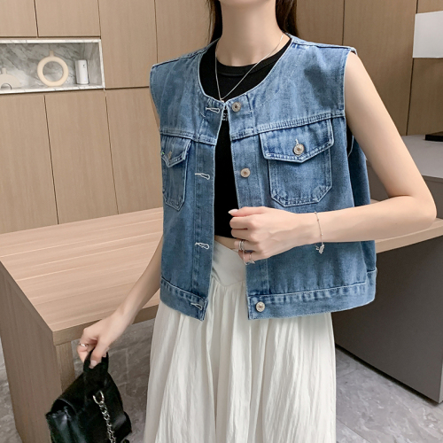 Real shot ~ Denim vest vest jacket women summer new sleeveless outer short top waistcoat women's vest