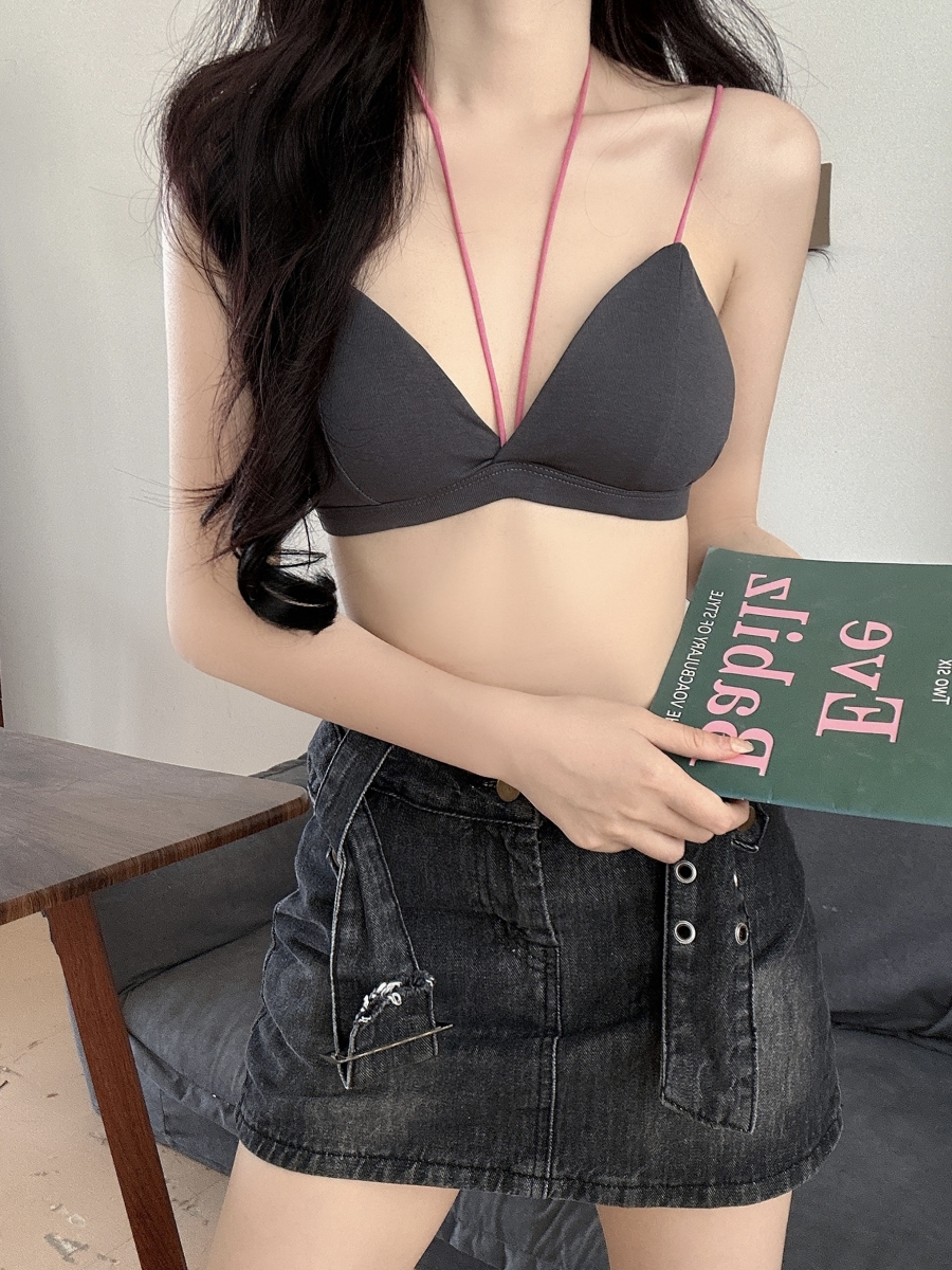 實拍~辣妹三角杯美背文胸時尚掛脖撞色內搭性感小胸內衣