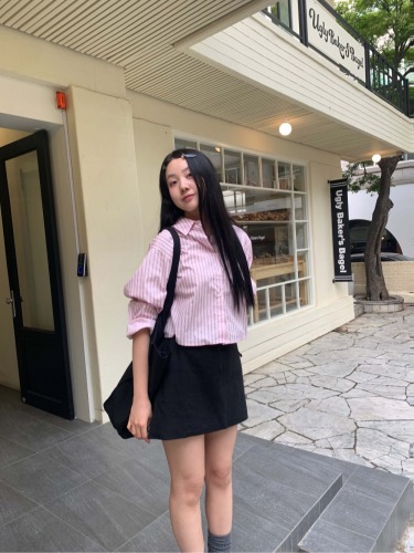 Korean ins striped short long sleeve shirt