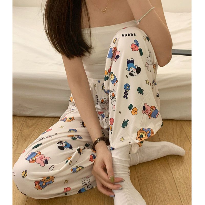 Pocket Ice Silk Cute Cartoon Print Straight Leg Casual Pants for Women Summer New Casual Loose Matchy