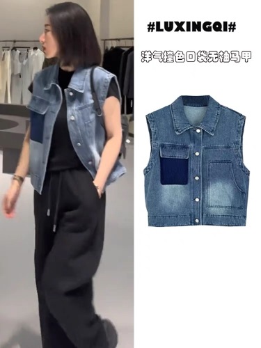 Fashionable age-reducing layered color-blocked pocket sleeveless denim vest jacket for women 2024 summer new fashion versatile top