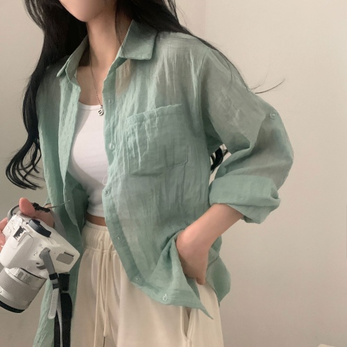 Korean ins summer ice cream color wrinkled long-sleeved shirt loose sun protection shirt