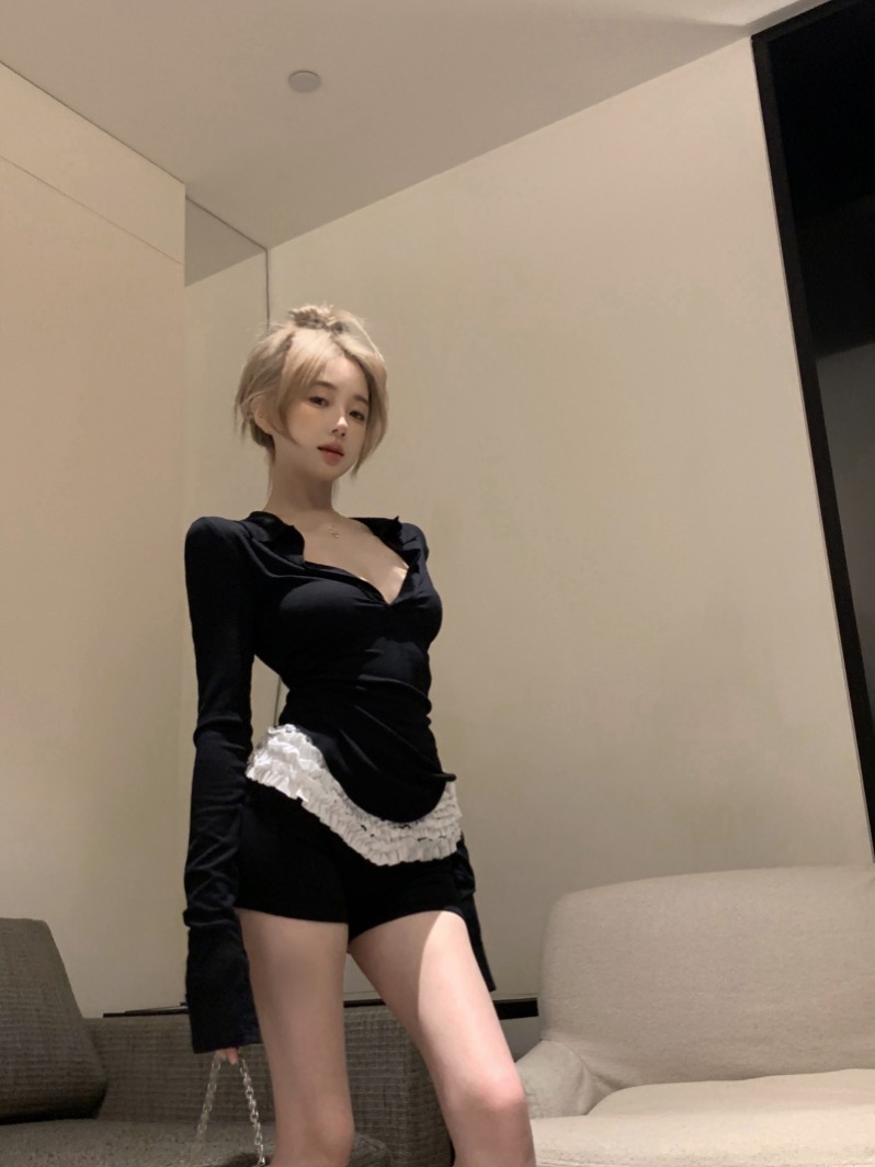 Real shot pure desire black slimming figure-fitting undergarment for women + lace trim short pants two-piece set 