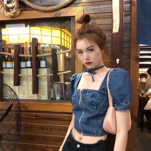 韩版新款复古方领系带性感露脐短袖牛仔短款上衣女
