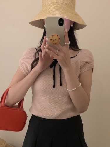 韩国chic夏季减龄设计感温柔蝴蝶结针织镂空蝴蝶结装饰针织T恤女