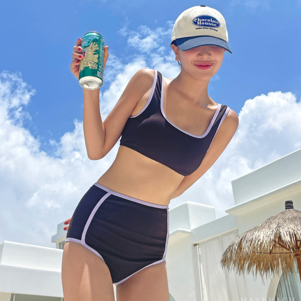 高級感吊帶背心分體泳衣女款性感比基尼保守高腰顯瘦泳裝2024新款