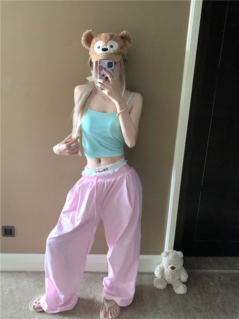 Real shot of summer dopamine outfit with small suspenders + casual and fashionable wide-leg pants