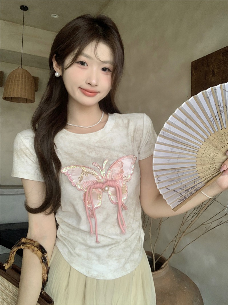 實拍扎染立體蝴蝶刺繡正肩短袖T恤女設計感收腰顯瘦短款上衣
