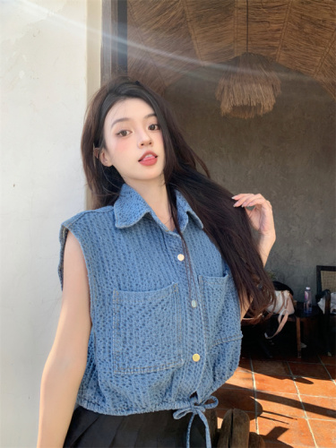 Real shot!  Korean chic summer French lapel single-breasted pocket design sleeveless waistcoat denim jacket