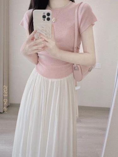 茶里茶气高腰A字半身裙女小个子新款夏季温柔粉色套装