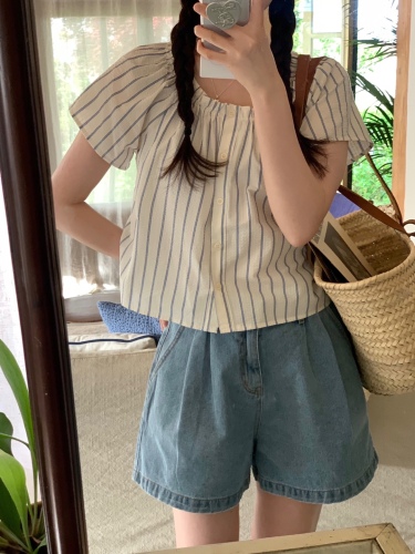 韩国chic 夏日 单排扣 抽褶 条纹衬衫女短袖衬衣