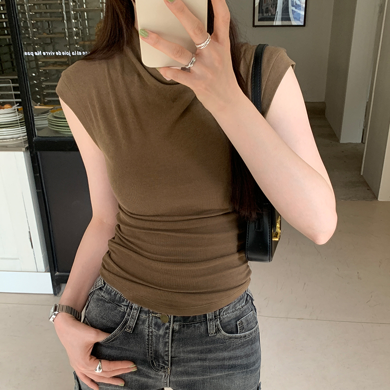 實拍圖盪領無袖T恤女夏季新款辣妹小眾褶皺修身小背心短款上衣