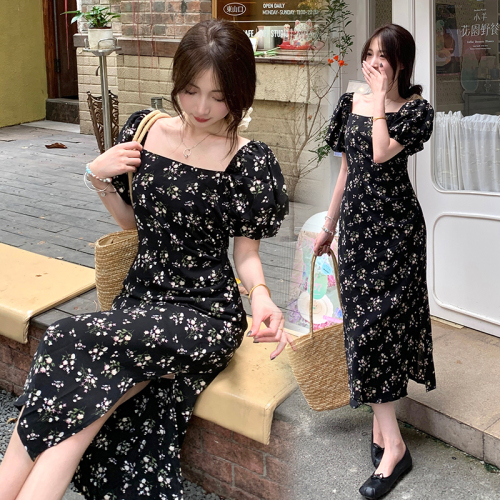 Real shot ~ square neck dress plus size fat mm 2024 new summer celebrity pleated slit hip-covering floral long skirt