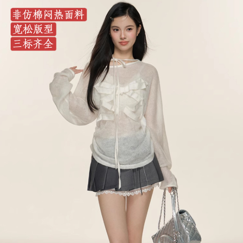 Complete three standards ~ 2024 summer design white bow tie pure desire slightly see-through knitted long-sleeved blouse T-shirt