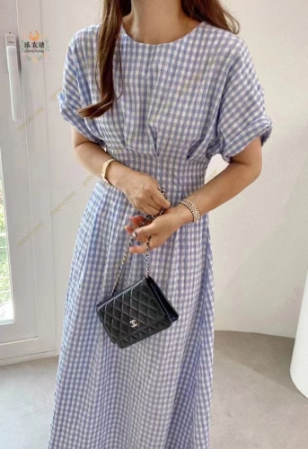 韩国CHIC夏季复古气质田园风格纹减龄修身显瘦长款连衣裙