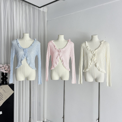 甜美荷葉邊開衫女綁帶花朵設計感吊帶外搭罩衫夏季薄款防曬衫上衣