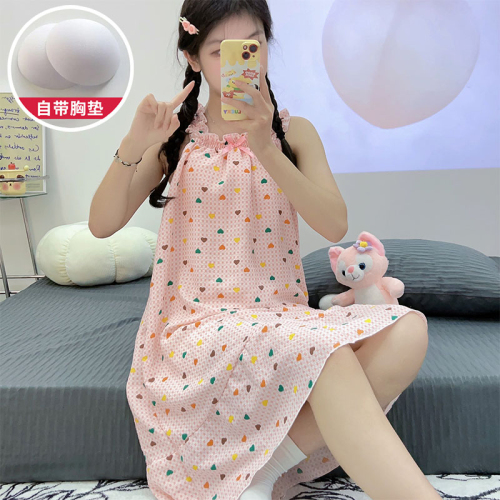 Real shot of pajamas for women 2024 summer Korean style bubble cotton suspenders mid-length nightgown with chest pad sweet home clothes