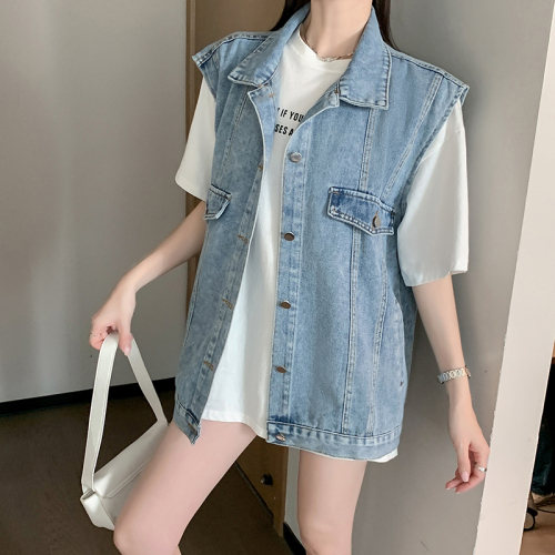 Actual shot ~ Retro denim vest jacket for women, Korean version, loose and versatile, layered vest top