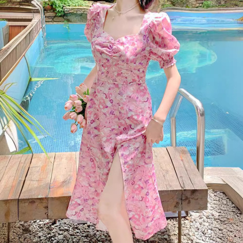 辣妹泡泡袖新款旗袍性感欧美修身法式短袖方领休闲夏季法式中长裙