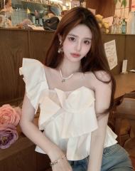 實拍 不規則荷葉邊鎖骨抹胸上衣女夏裝氣質斜肩一字肩襯衫