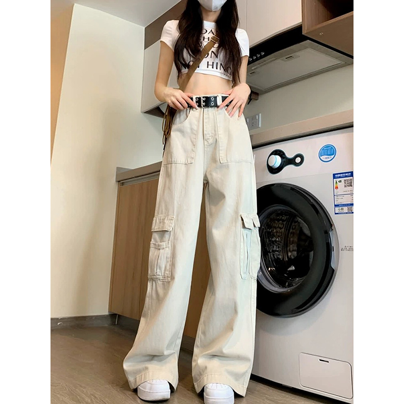 美式復古工裝牛仔褲女春秋2024新款高腰寬鬆直筒夏季白色闊腿褲子