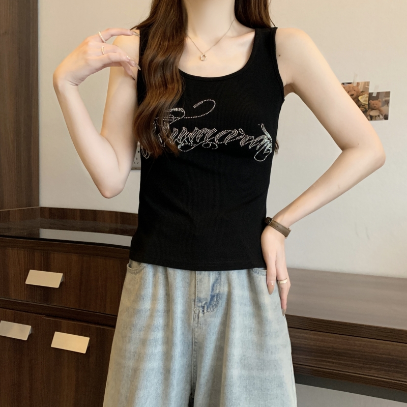 實拍重工燙鑽背心女純棉2024年夏季韓版新款純欲辣妹坎肩上衣