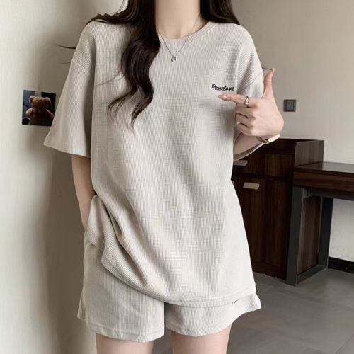 华夫格运动服套装女2024夏季韩版宽松时尚短袖短裤休闲两件套