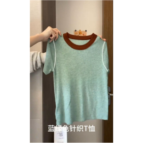 韩系圆领拼接撞色短袖T恤女2024夏季款上衣修身百搭打底针织体恤