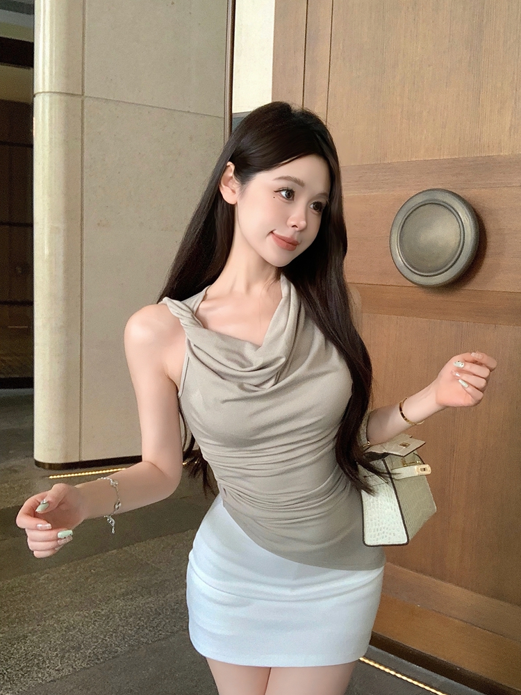 Real shot slimming vest with irregular pleated hem sleeveless top for women 