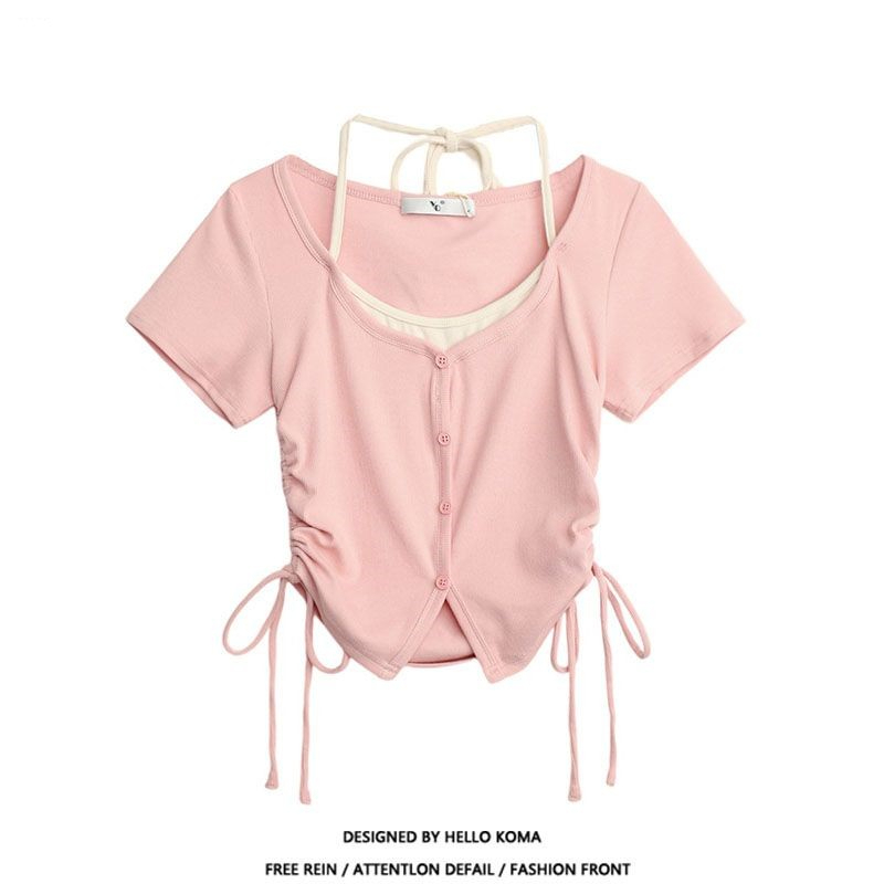 Summer new style bm style pure desire short model fake two-piece drawstring neck V-neck short-sleeved T-shirt women's top trendy