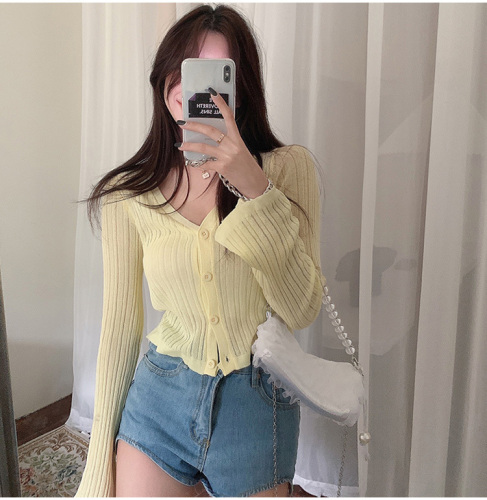 V-neck knitted cardigan thin coat women's summer short top suspender skirt outdoor sun protection shirt air-conditioning clothing trendy
