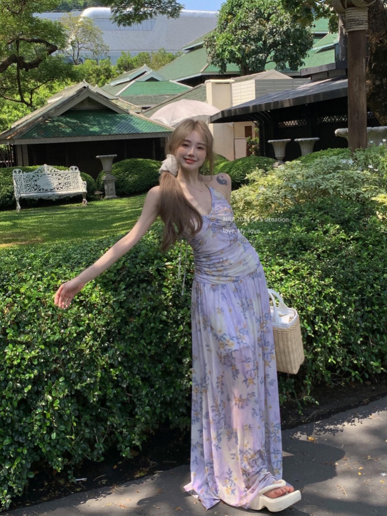 實拍 新款海邊度假清新網紗V領掛脖露背印花長裙女