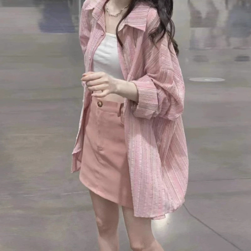 Spring Pink Striped Blazer Women's Outerwear High-End Layering Top 2024 New Design Frock Uniquely Stylish