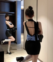 實拍 miu系辣妹套裝五一出遊穿搭露背純欲蝴蝶結吊帶