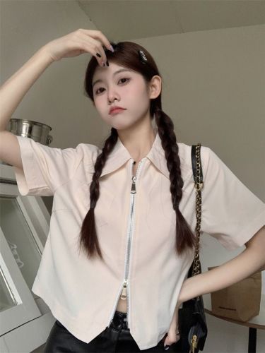 实拍 夏季新款韩版设计感双拉链纯色翻领显瘦短款短袖衬衫女