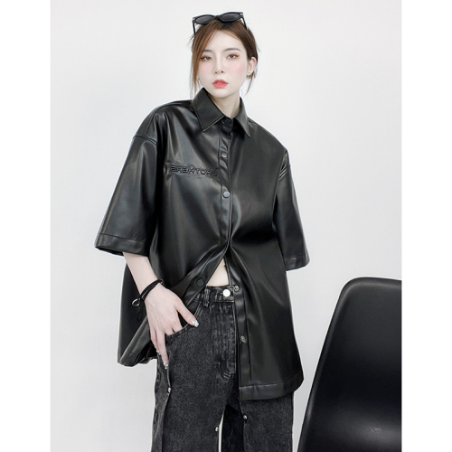 National trend summer embossed black PU leather short-sleeved shirts for men and women, American trendy brand handsome tops