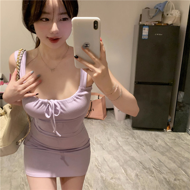 純欲風性感U領系帶吊帶裙女夏季新款修身顯瘦小眾包臀裙辣妹短裙