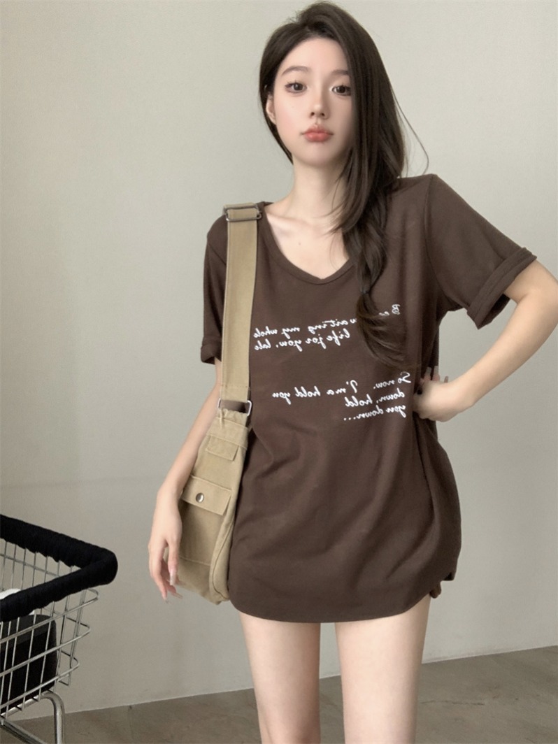 Photographed Letter Print T-shirt for Women - Summer New Arrival, Versatile, Slits, Relaxed Fit, Short Sleeve Top for Women