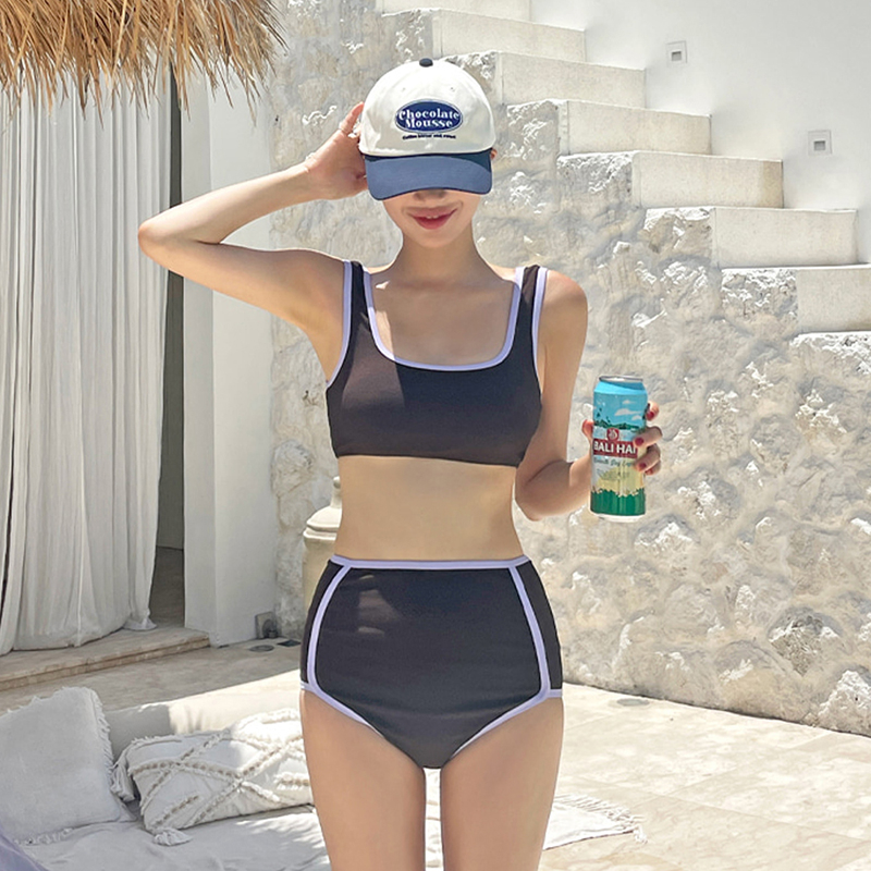 韓版新款分體 ins復古保守簡約背心款泳衣女度假溫泉比基尼bikini