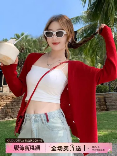 Red cardigan knitted women's 2024 new spring and autumn small waistcoat sun protection blouse thin outer shawl jacket top