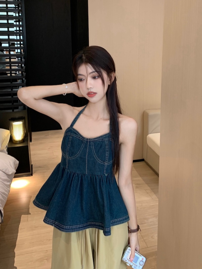 2024年新款夏季性感辣妹掛脖綁帶小心機設計感小眾牛仔抹胸上衣女